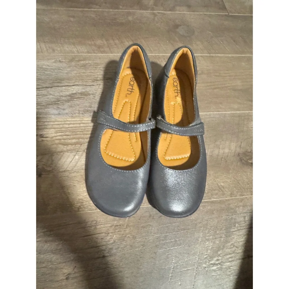 Earth Origins Gray Metallic Leather Mary Jane Flats Shoes Womens 9M